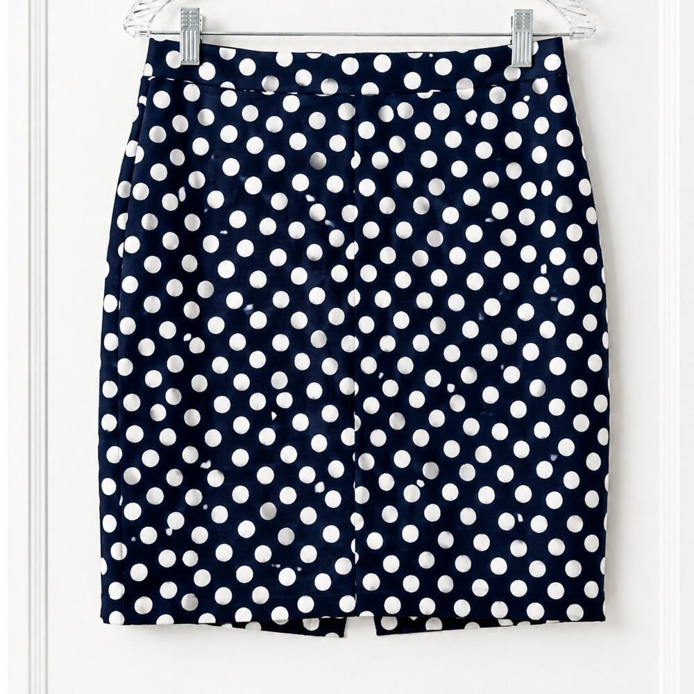 J.Crew The Pencil Skirt Navy Blue White Polka Dot Cotton Lined Size 0